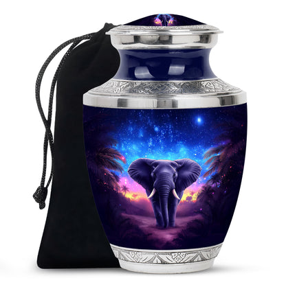 Vivid Blue Elephant Cremation Urn side profile showing urn shape - stylized abstract elephant pattern with bold lines - full-size 10 inch 200 cubic inch adult cremation urn