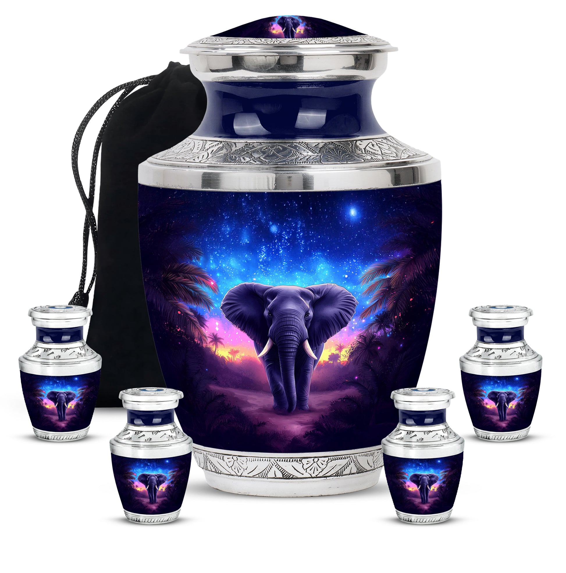 Icy Blue Elephant Cremation Urn lifestyle display on memorial shelf - modern art-inspired elephant motif on sleek aluminum - memorial set with one large and four small urns