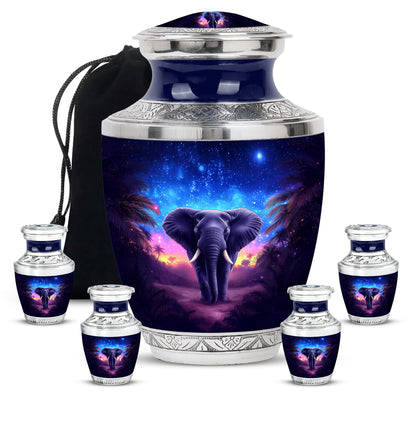 Icy Blue Elephant Cremation Urn lifestyle display on memorial shelf - modern art-inspired elephant motif on sleek aluminum - memorial set with one large and four small urns
