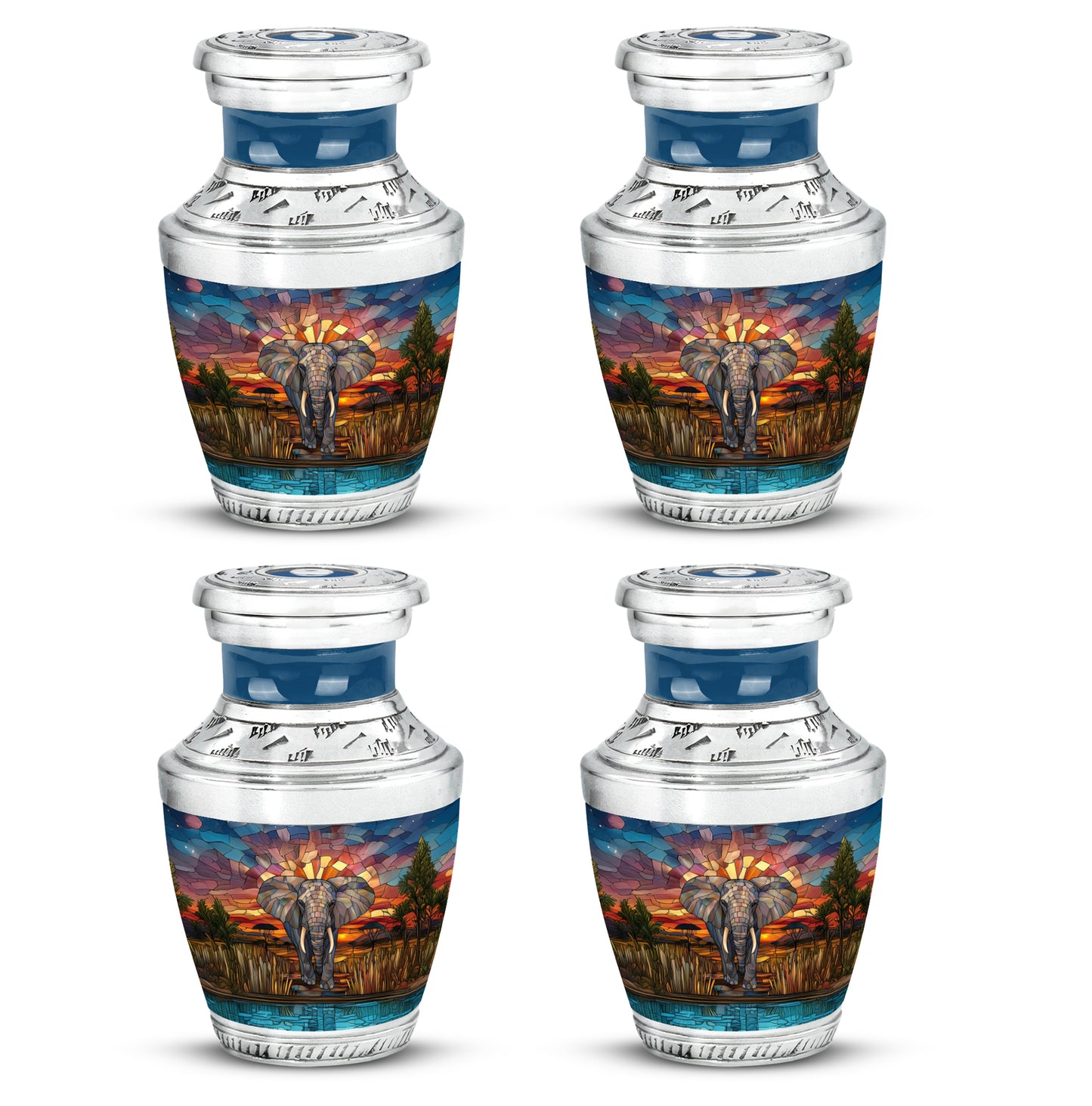 Royal Gold Elephant Cremation Urn back view with polished surface - stylized abstract elephant pattern with bold lines - 10 inch aluminum urn for cremated remains
