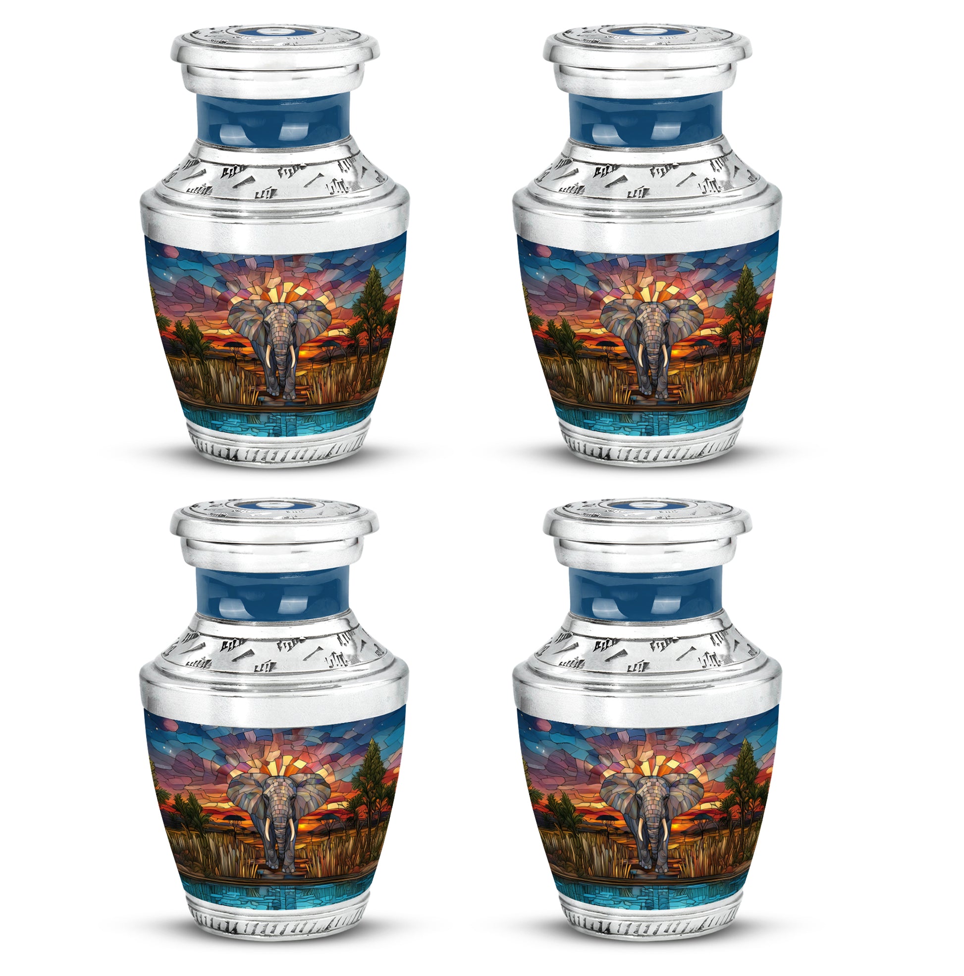 Royal Gold Elephant Cremation Urn back view with polished surface - stylized abstract elephant pattern with bold lines - 10 inch aluminum urn for cremated remains