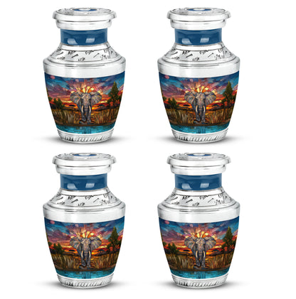 Royal Gold Elephant Cremation Urn back view with polished surface - stylized abstract elephant pattern with bold lines - 10 inch aluminum urn for cremated remains