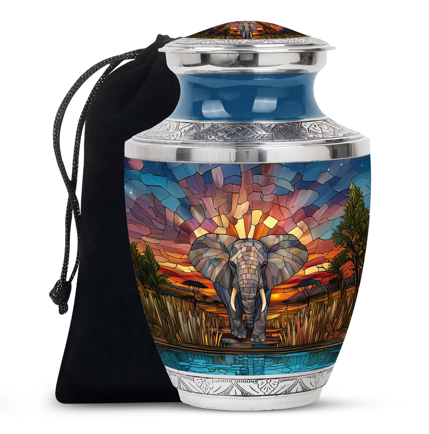Champagne Gold Elephant Cremation Urn side profile showing urn shape - modern art-inspired elephant motif on sleek aluminum - full-size 10 inch 200 cubic inch adult cremation urn