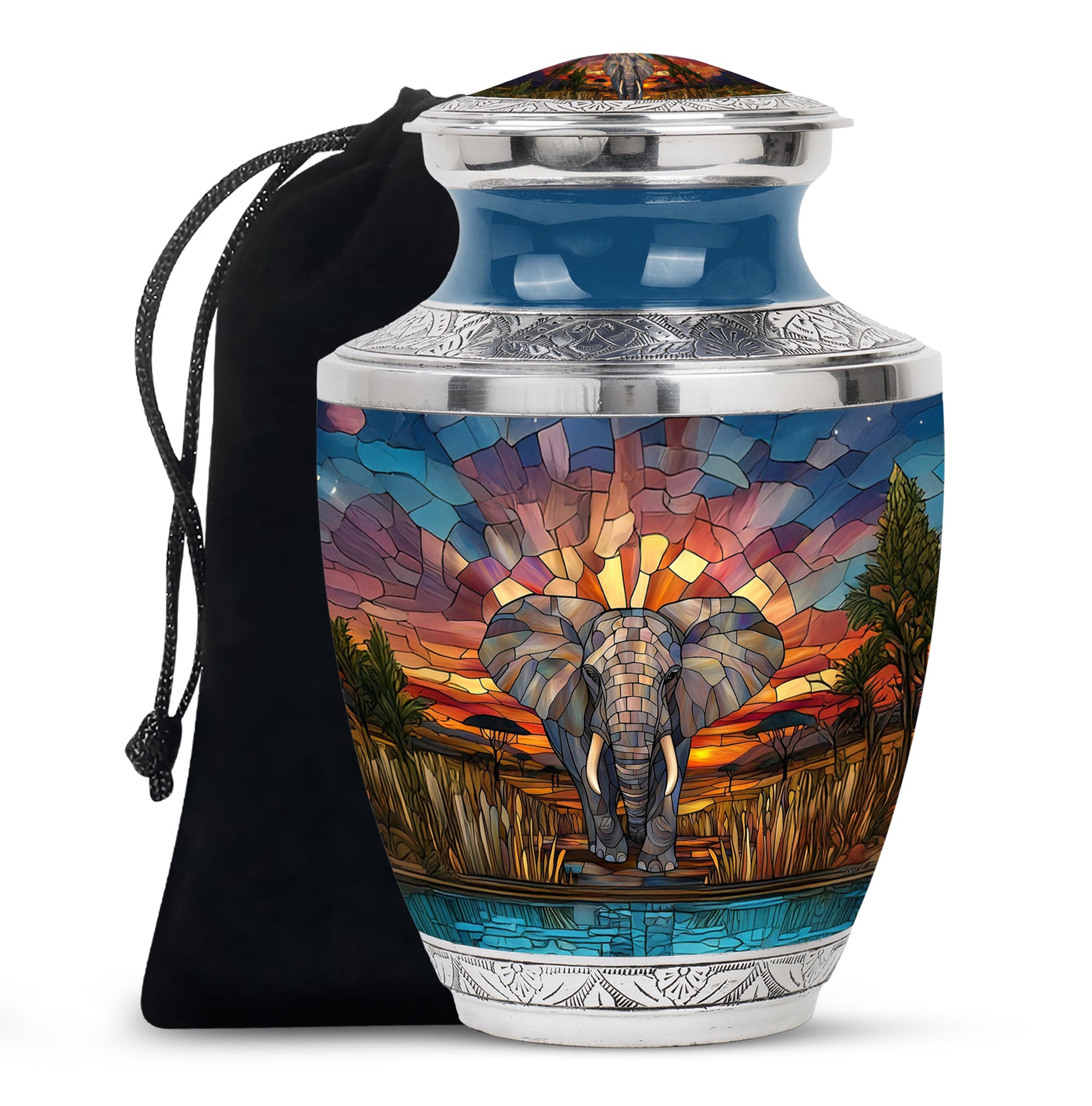 Champagne Gold Elephant Cremation Urn side profile showing urn shape - modern art-inspired elephant motif on sleek aluminum - full-size 10 inch 200 cubic inch adult cremation urn