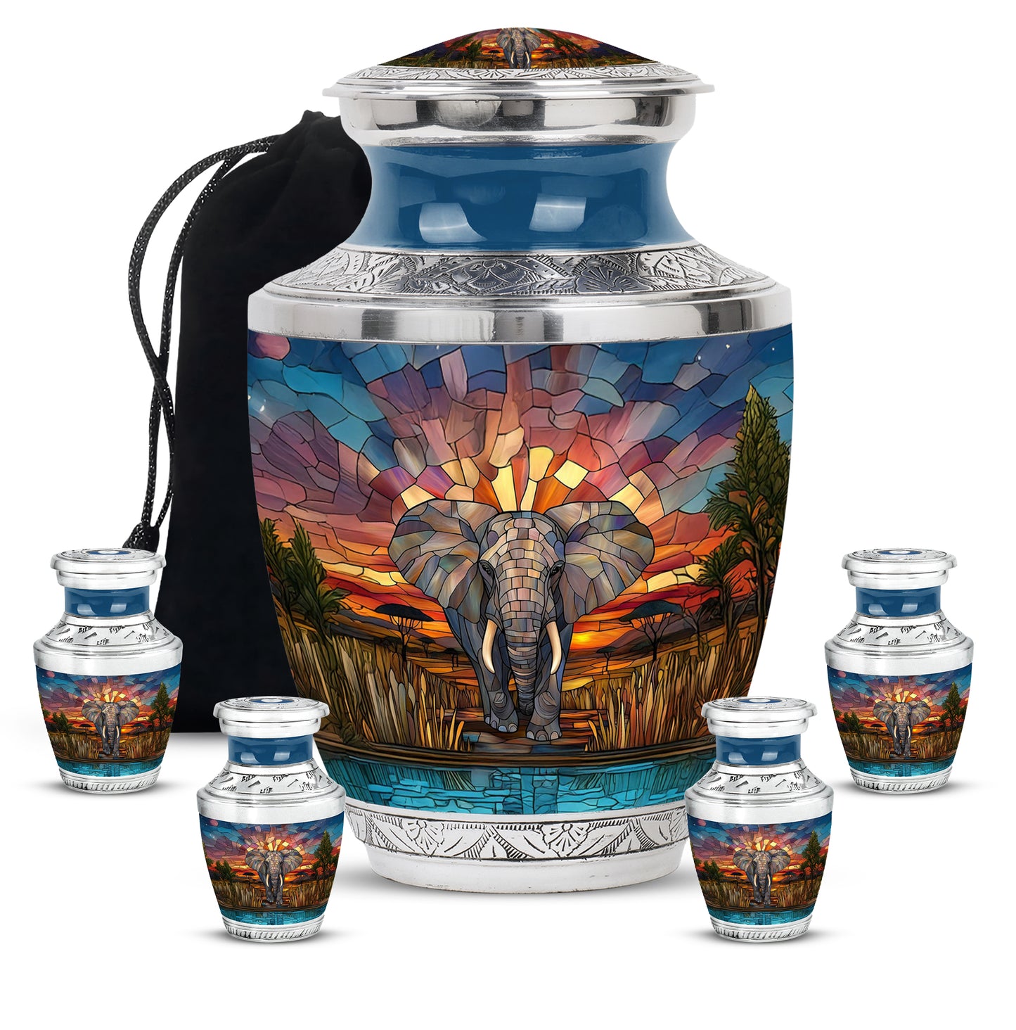 Warm Gold Elephant Cremation Urn lifestyle display on memorial shelf - stylized abstract elephant pattern with bold lines - memorial set with one large and four small urns
