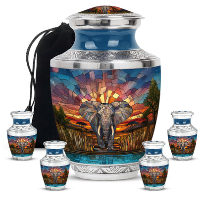 Warm Gold Elephant Cremation Urn lifestyle display on memorial shelf - stylized abstract elephant pattern with bold lines - memorial set with one large and four small urns