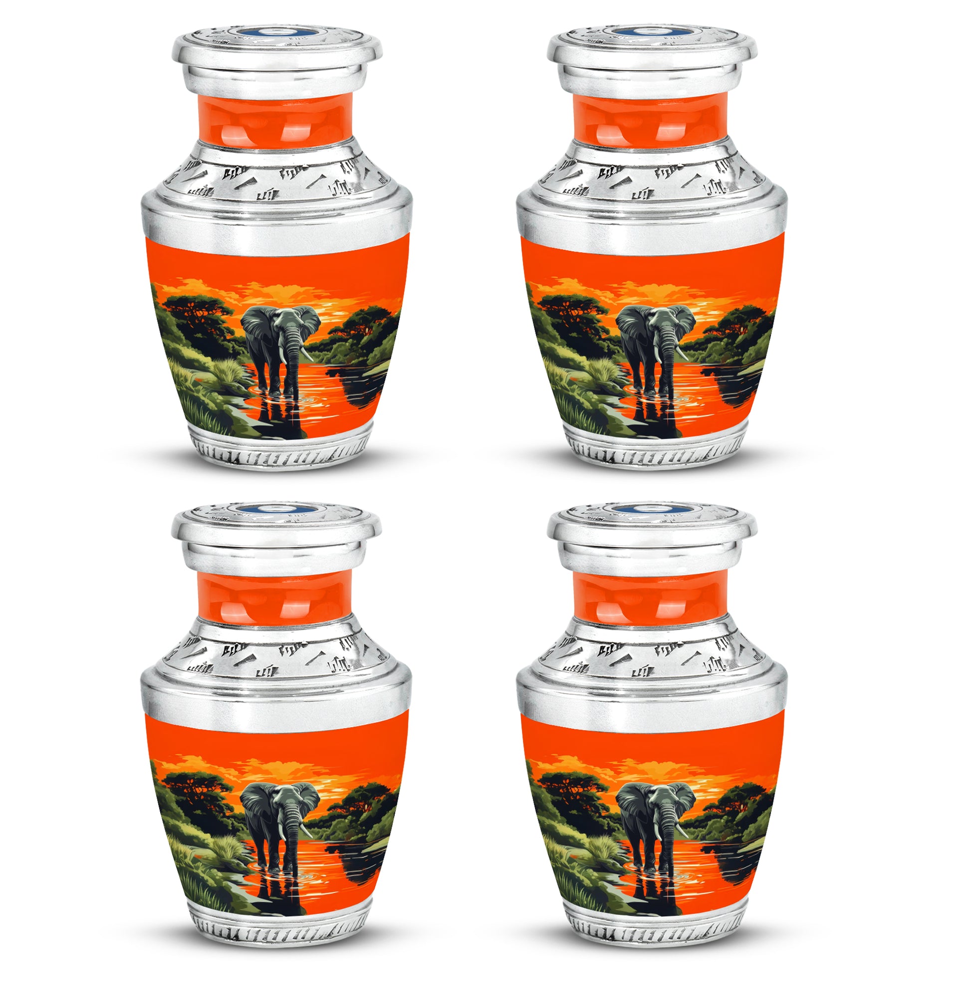 Burnished Gold Elephant Cremation Urn back view with polished surface - stylized abstract elephant pattern with bold lines - 10 inch aluminum urn for cremated remains