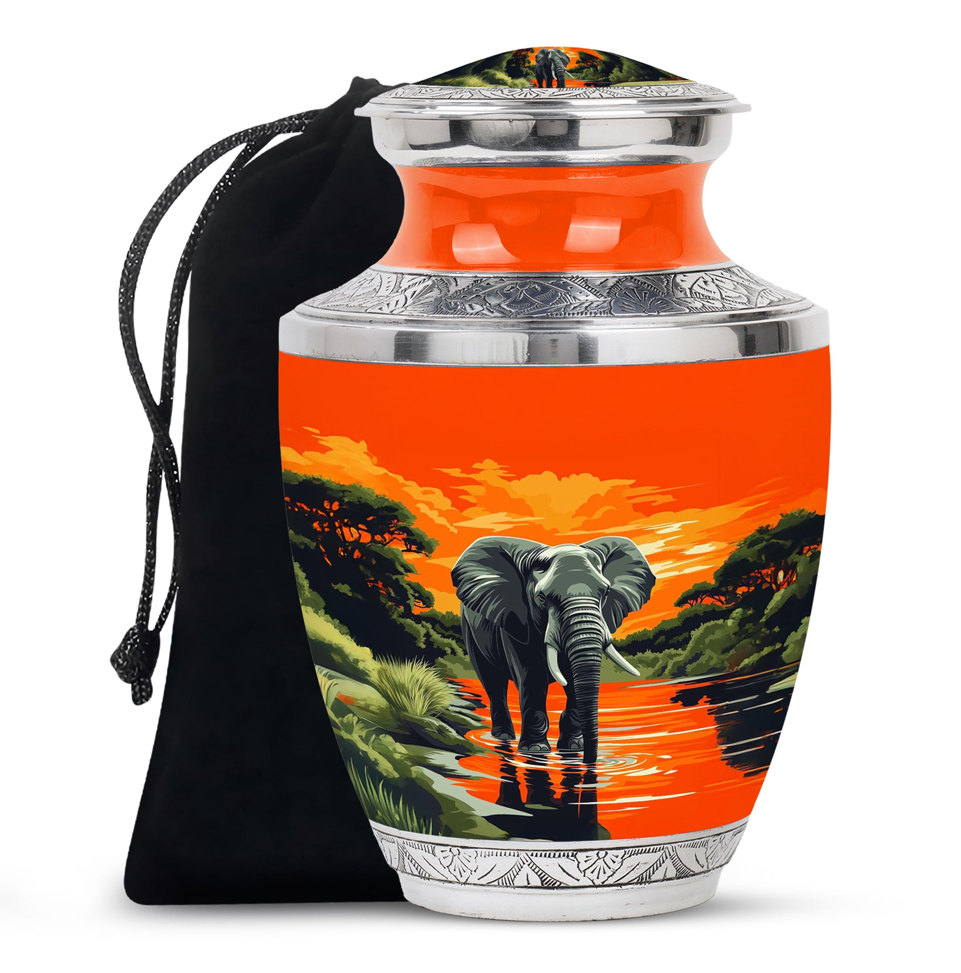 Sunrise Gold Elephant Cremation Urn side profile showing urn shape - contemporary elephant design with modern artistic flair - full-size 10 inch 200 cubic inch adult cremation urn