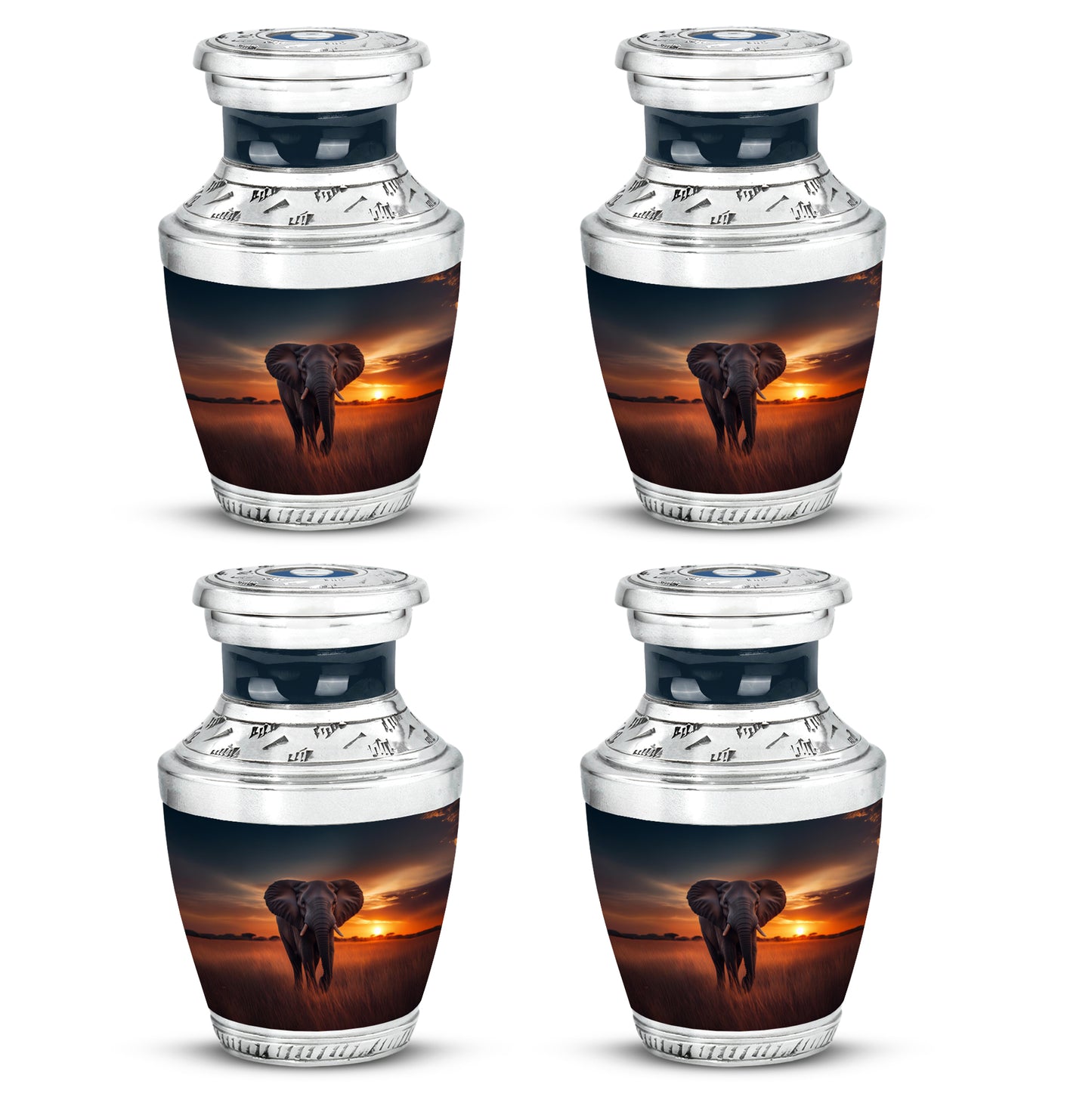 Royal Blue Elephant Cremation Urn back view with polished surface - stylized abstract elephant pattern with bold lines - 10 inch aluminum urn for cremated remains