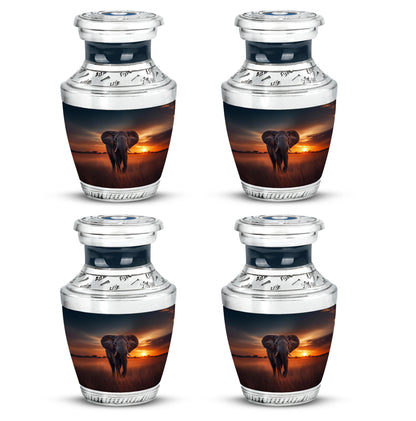 Royal Blue Elephant Cremation Urn back view with polished surface - stylized abstract elephant pattern with bold lines - 10 inch aluminum urn for cremated remains