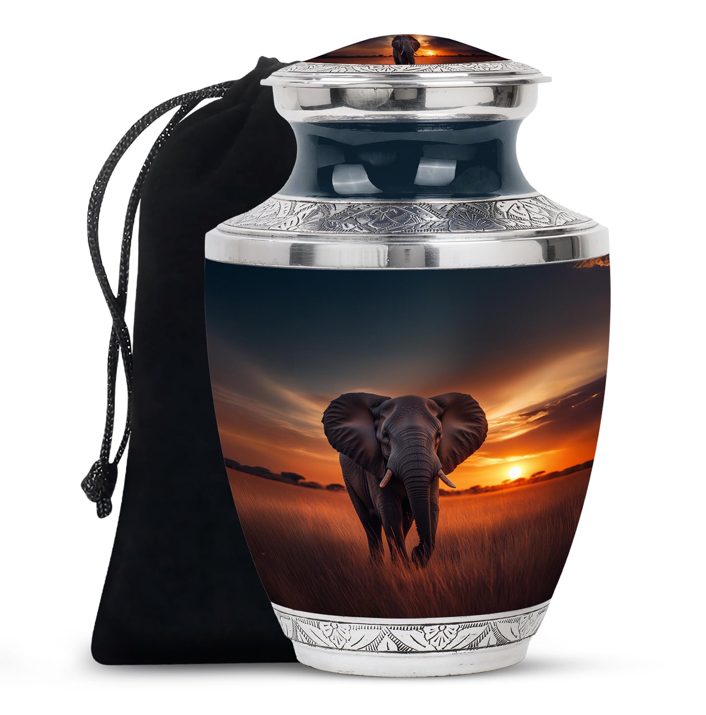 Navy Blue Elephant Cremation Urn side profile showing urn shape - contemporary elephant design with modern artistic flair - full-size 10 inch 200 cubic inch adult cremation urn