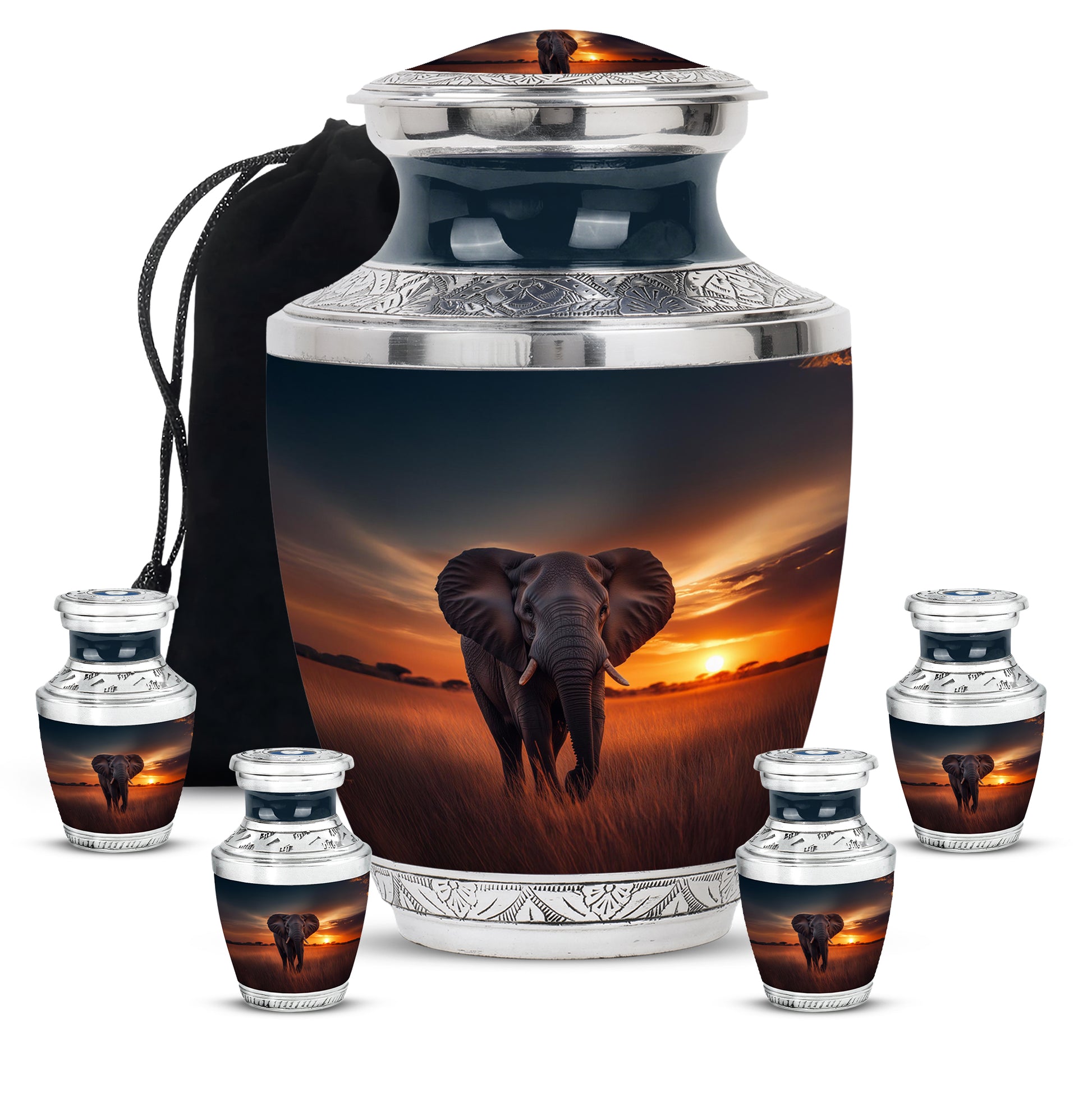 Misty Blue Elephant Cremation Urn lifestyle display on memorial shelf - contemporary elephant design with modern artistic flair - memorial set with one large and four small urns