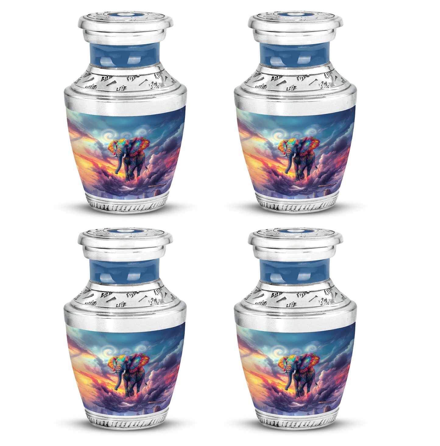 Vivid Blue Elephant Cremation Urn back view with polished surface - artistic elephant interpretation with creative detail - 10 inch aluminum urn for cremated remains