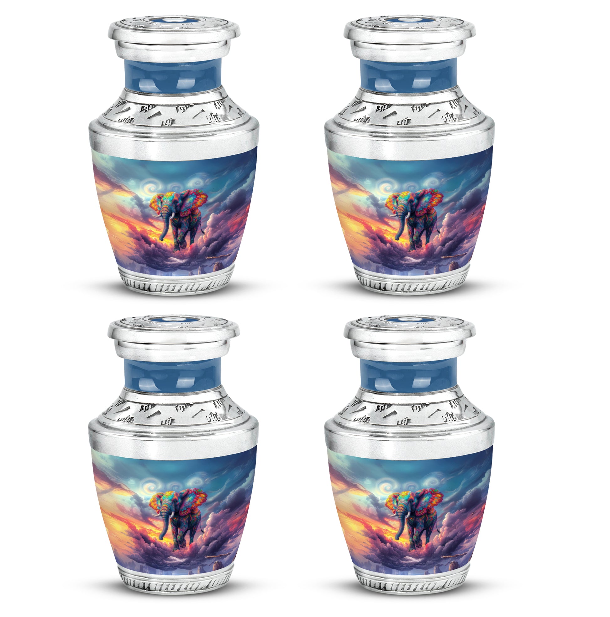 Vivid Blue Elephant Cremation Urn back view with polished surface - artistic elephant interpretation with creative detail - 10 inch aluminum urn for cremated remains