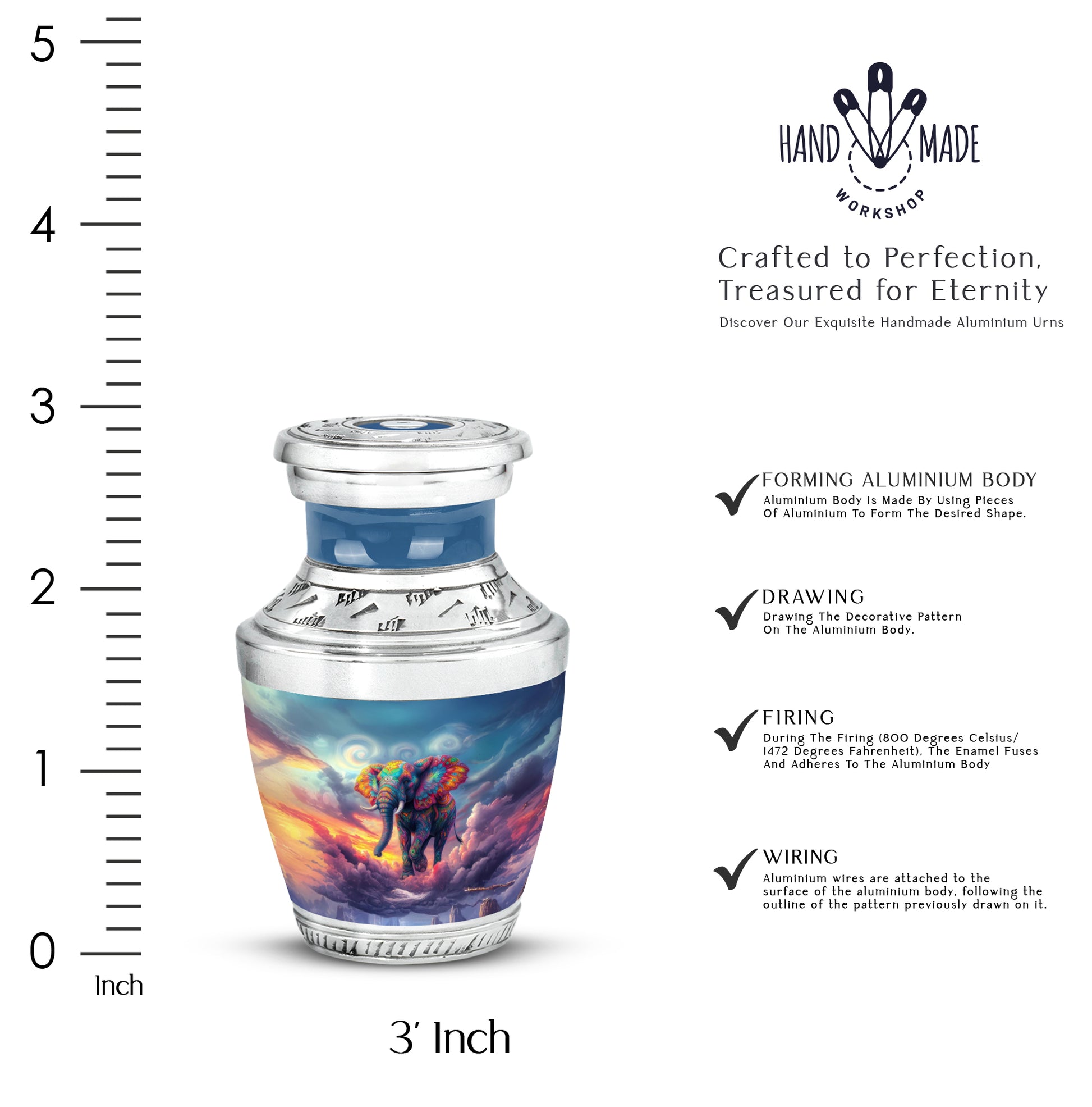 Vivid Blue Elephant Cremation Urn top-down view of secure threaded lid - artistic elephant interpretation with creative detail - mini keepsake memorial for portion of cremation ashes