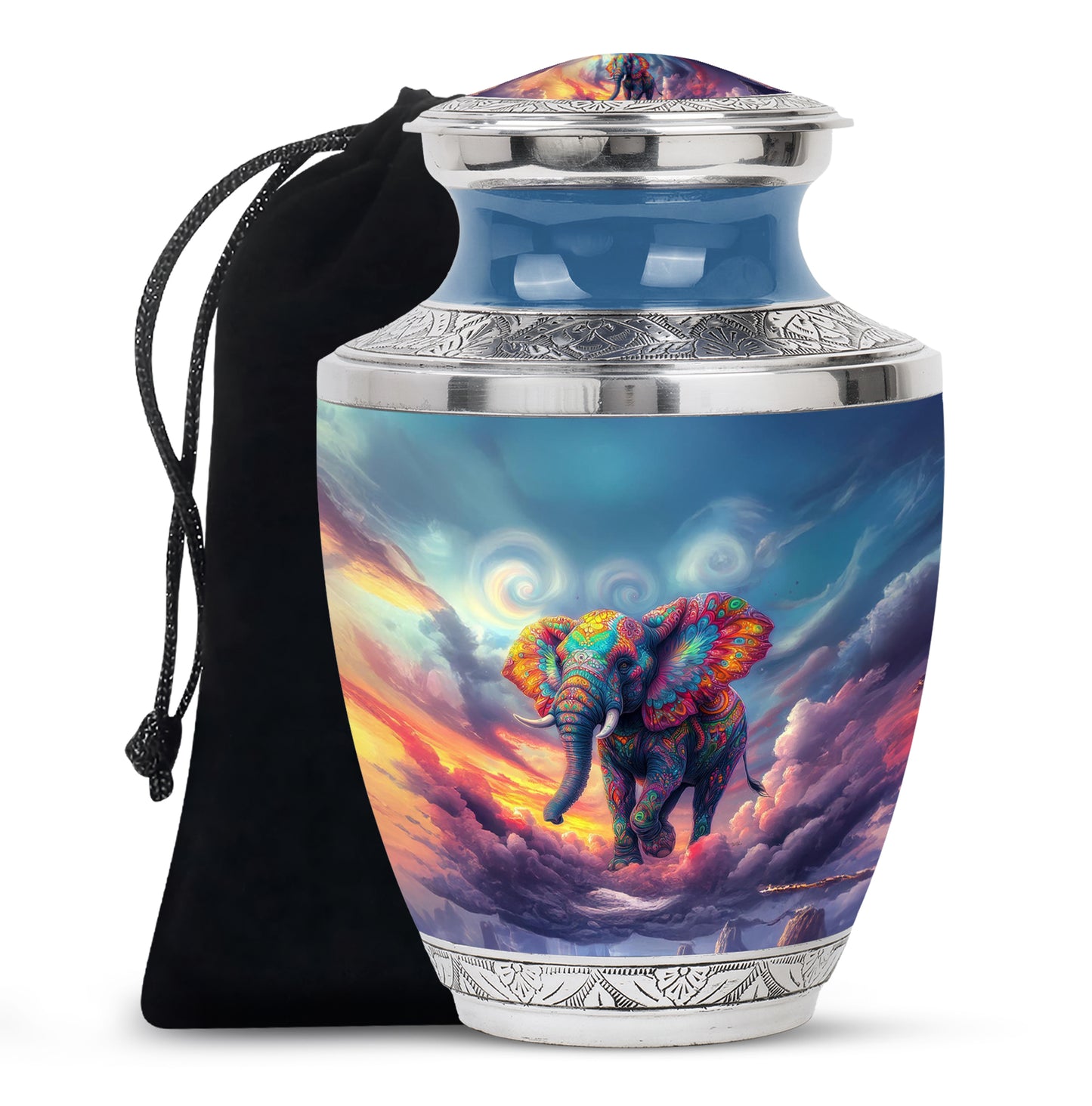 Celestial Blue Elephant Cremation Urn side profile showing urn shape - modern art-inspired elephant motif on sleek aluminum - full-size 10 inch 200 cubic inch adult cremation urn