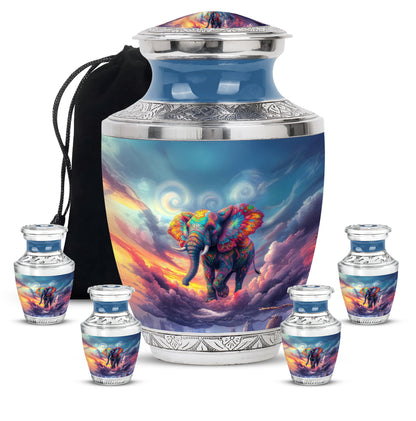 Navy Blue Elephant Cremation Urn lifestyle display on memorial shelf - modern art-inspired elephant motif on sleek aluminum - memorial set with one large and four small urns