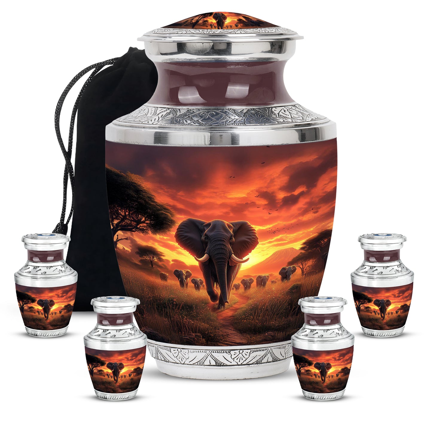 Rich Red Elephant Cremation Urn lifestyle display on memorial shelf - artistic elephant interpretation with creative detail - memorial set with one large and four small urns