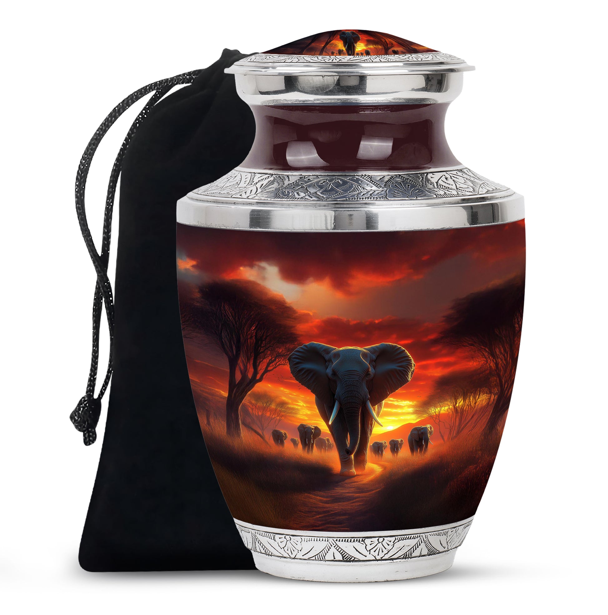 Wine Red Elephant Cremation Urn side profile showing urn shape - modern art-inspired elephant motif on sleek aluminum - full-size 10 inch 200 cubic inch adult cremation urn