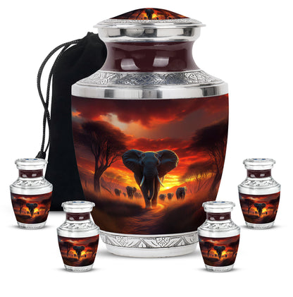 Fiery Red Elephant Cremation Urn lifestyle display on memorial shelf - stylized abstract elephant pattern with bold lines - memorial set with one large and four small urns