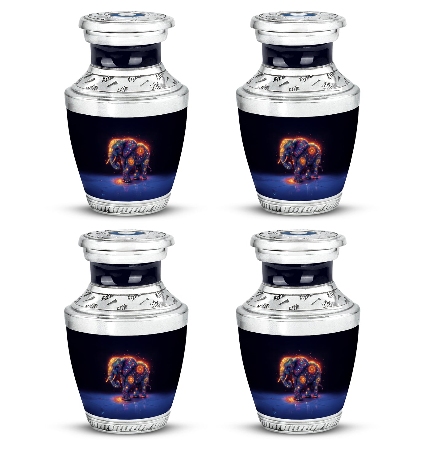 Misty Blue Elephant Cremation Urn back view with polished surface - modern art-inspired elephant motif on sleek aluminum - 10 inch aluminum urn for cremated remains