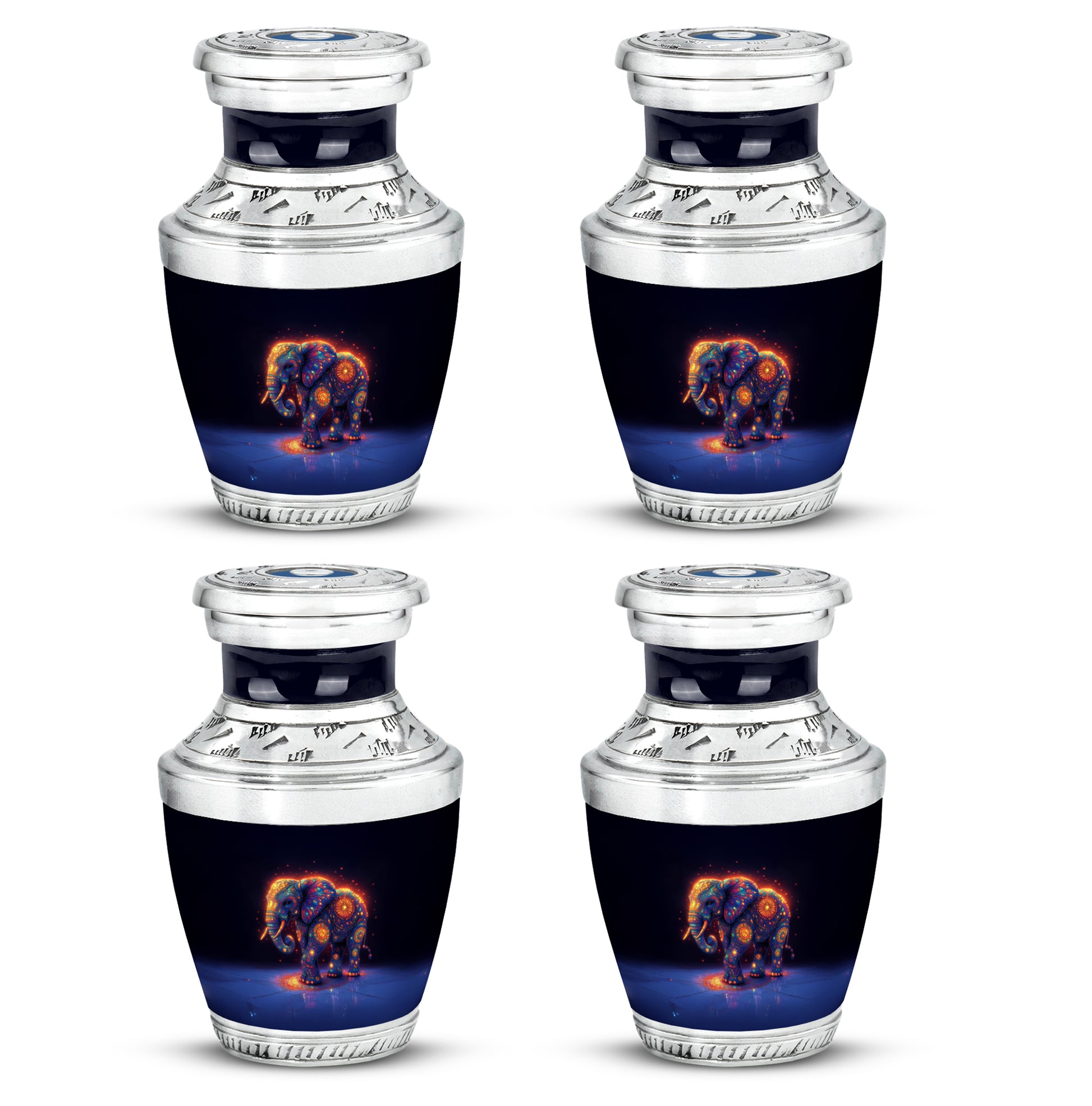 Misty Blue Elephant Cremation Urn back view with polished surface - modern art-inspired elephant motif on sleek aluminum - 10 inch aluminum urn for cremated remains