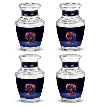 Misty Blue Elephant Cremation Urn back view with polished surface - modern art-inspired elephant motif on sleek aluminum - 10 inch aluminum urn for cremated remains