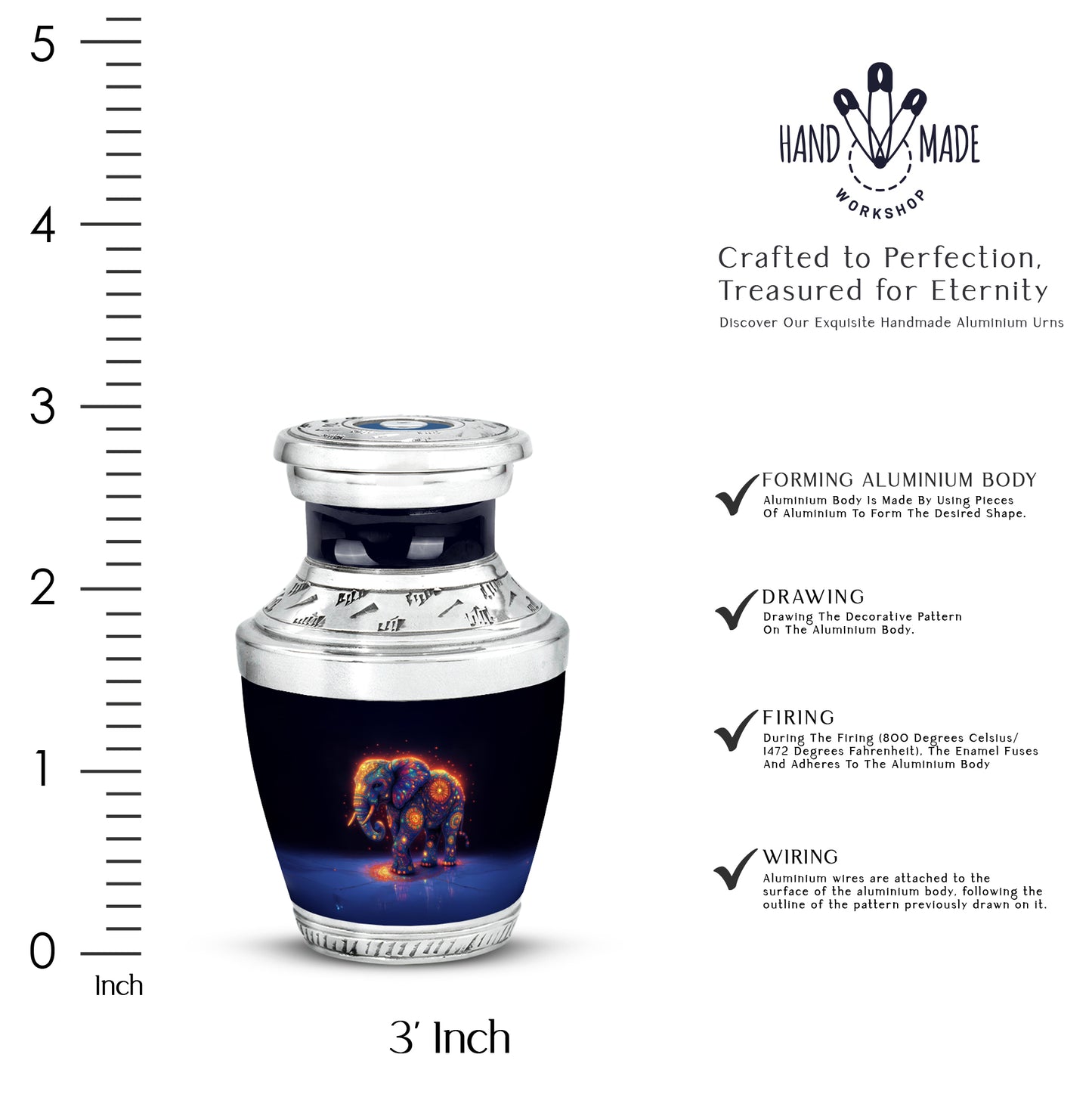 Serene Blue Elephant Cremation Urn top-down view of secure threaded lid - stylized abstract elephant pattern with bold lines - mini keepsake memorial for portion of cremation ashes