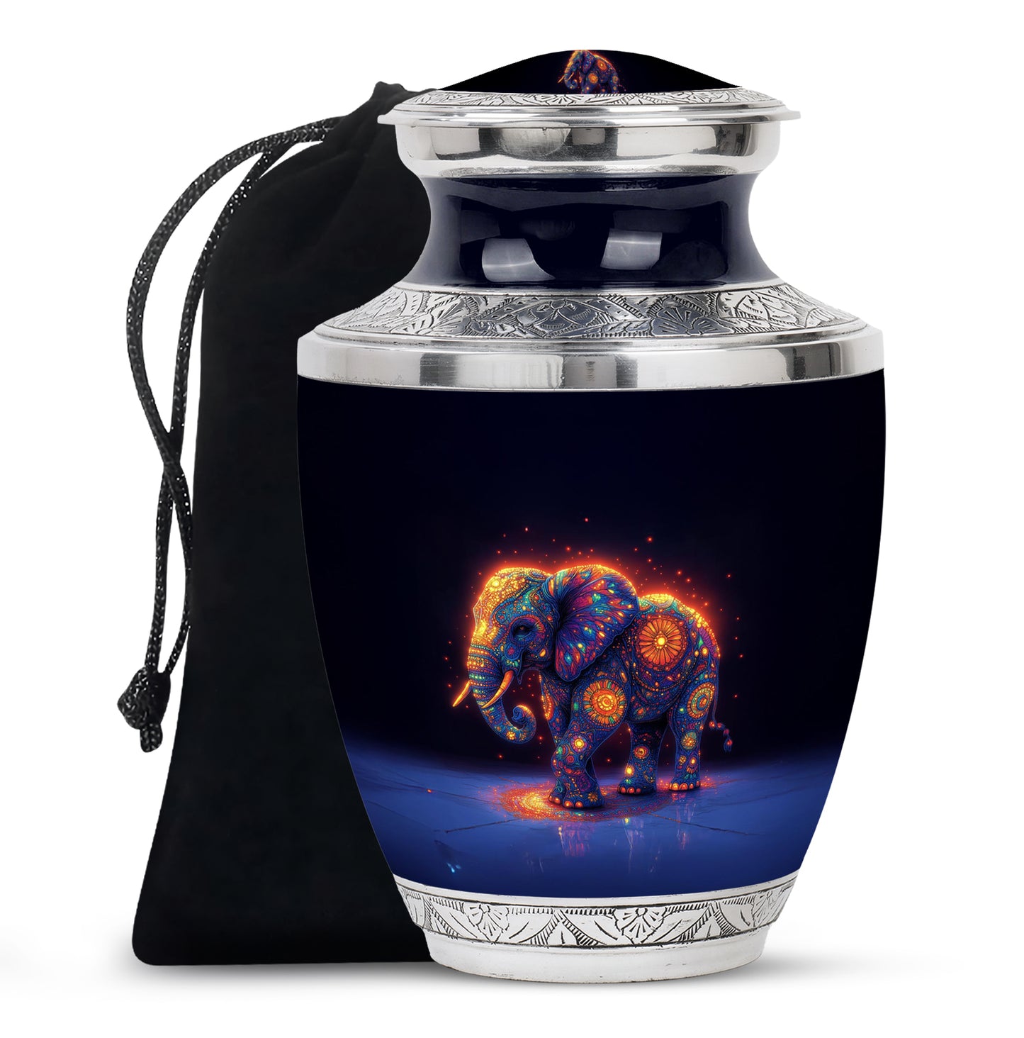 Sapphire Blue Elephant Cremation Urn side profile showing urn shape - stylized abstract elephant pattern with bold lines - full-size 10 inch 200 cubic inch adult cremation urn