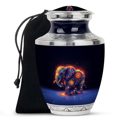 Sapphire Blue Elephant Cremation Urn side profile showing urn shape - stylized abstract elephant pattern with bold lines - full-size 10 inch 200 cubic inch adult cremation urn