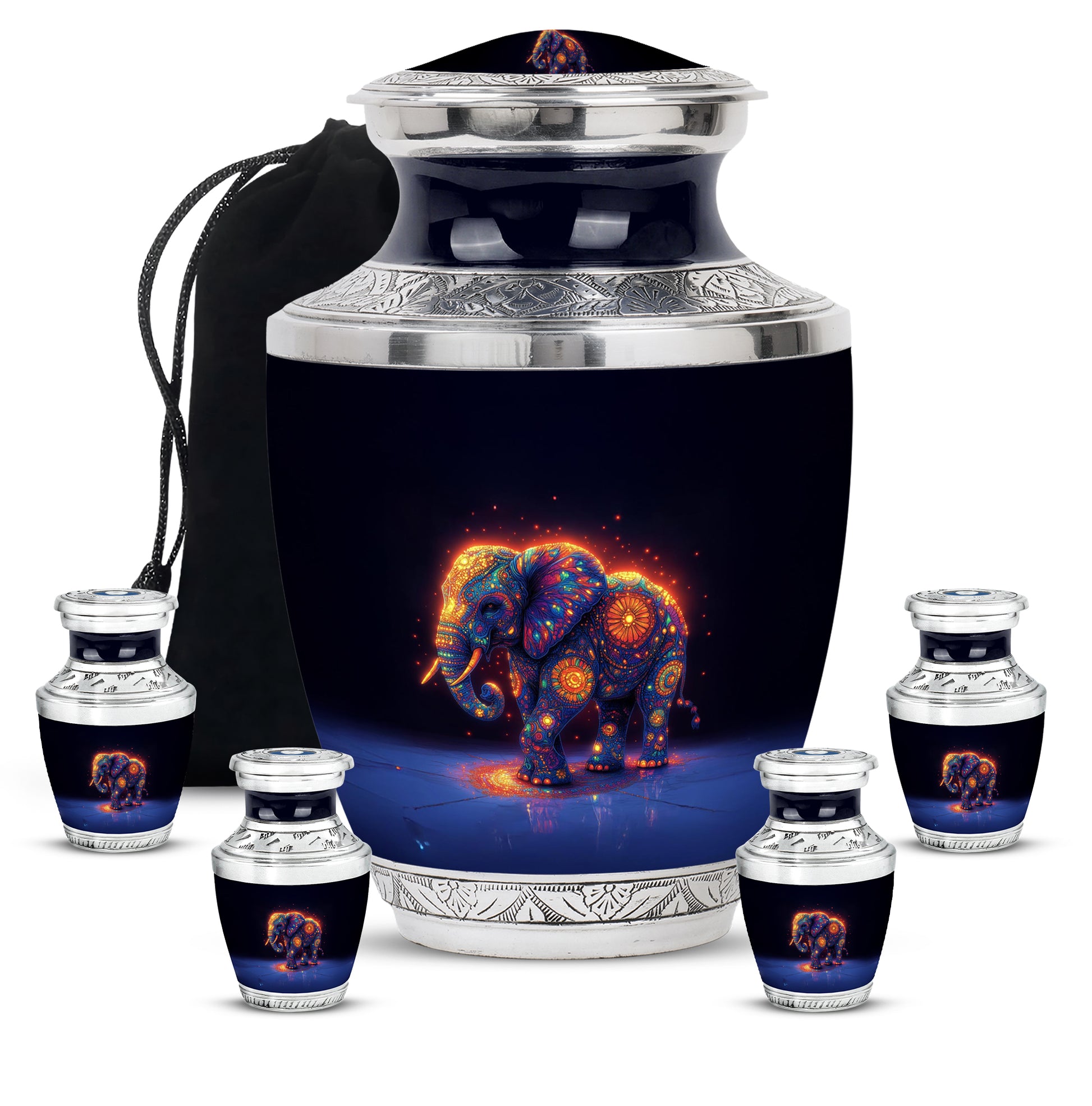 Sky Blue Elephant Cremation Urn lifestyle display on memorial shelf - contemporary elephant design with modern artistic flair - memorial set with one large and four small urns