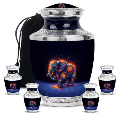 Sky Blue Elephant Cremation Urn lifestyle display on memorial shelf - contemporary elephant design with modern artistic flair - memorial set with one large and four small urns
