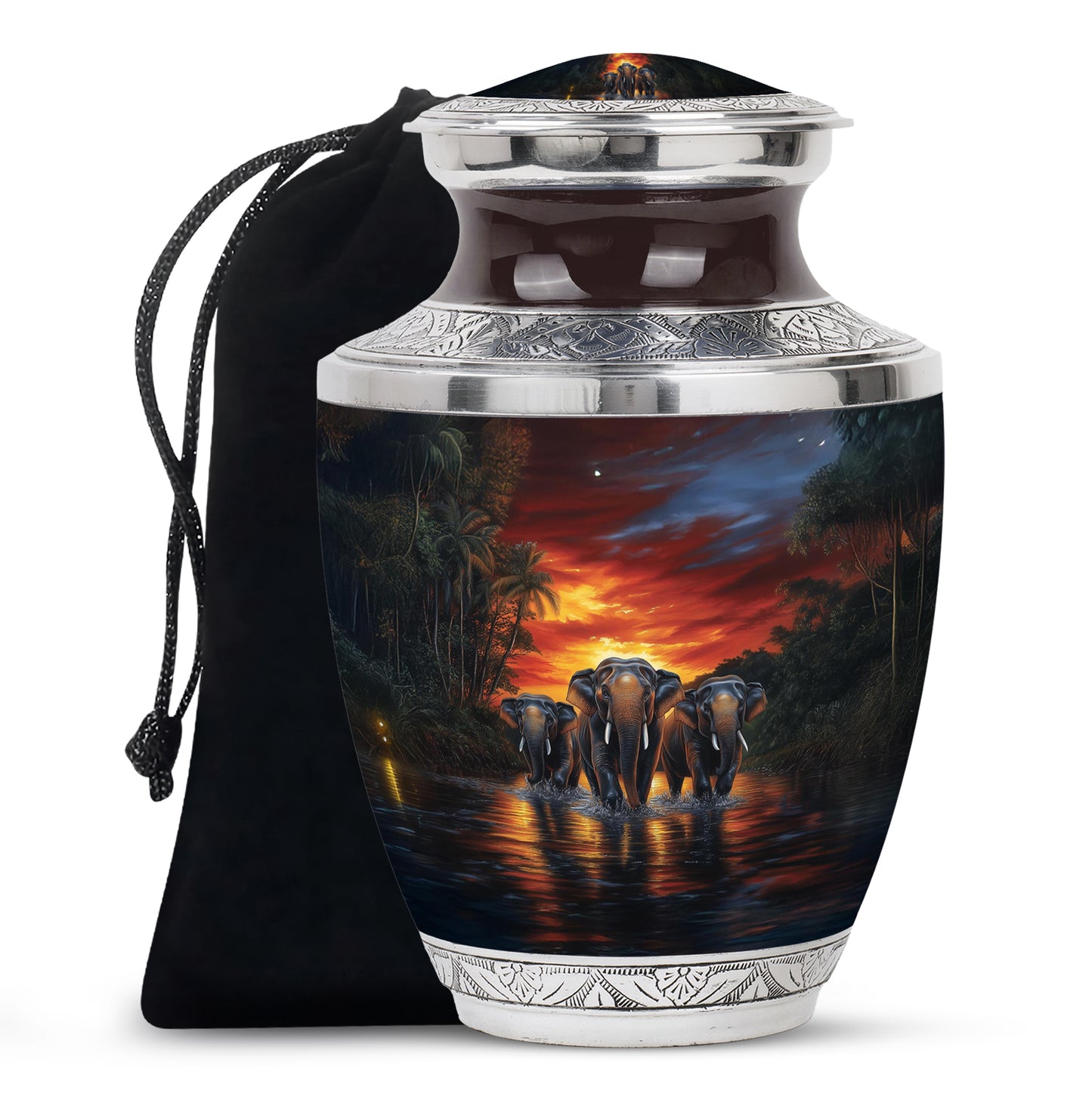 Crimson Red Elephant Cremation Urn side profile showing urn shape - modern art-inspired elephant motif on sleek aluminum - full-size 10 inch 200 cubic inch adult cremation urn
