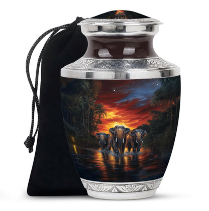 Crimson Red Elephant Cremation Urn side profile showing urn shape - modern art-inspired elephant motif on sleek aluminum - full-size 10 inch 200 cubic inch adult cremation urn