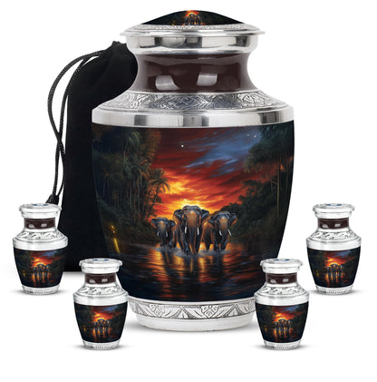 Cherry Red Elephant Cremation Urn lifestyle display on memorial shelf - artistic elephant interpretation with creative detail - memorial set with one large and four small urns