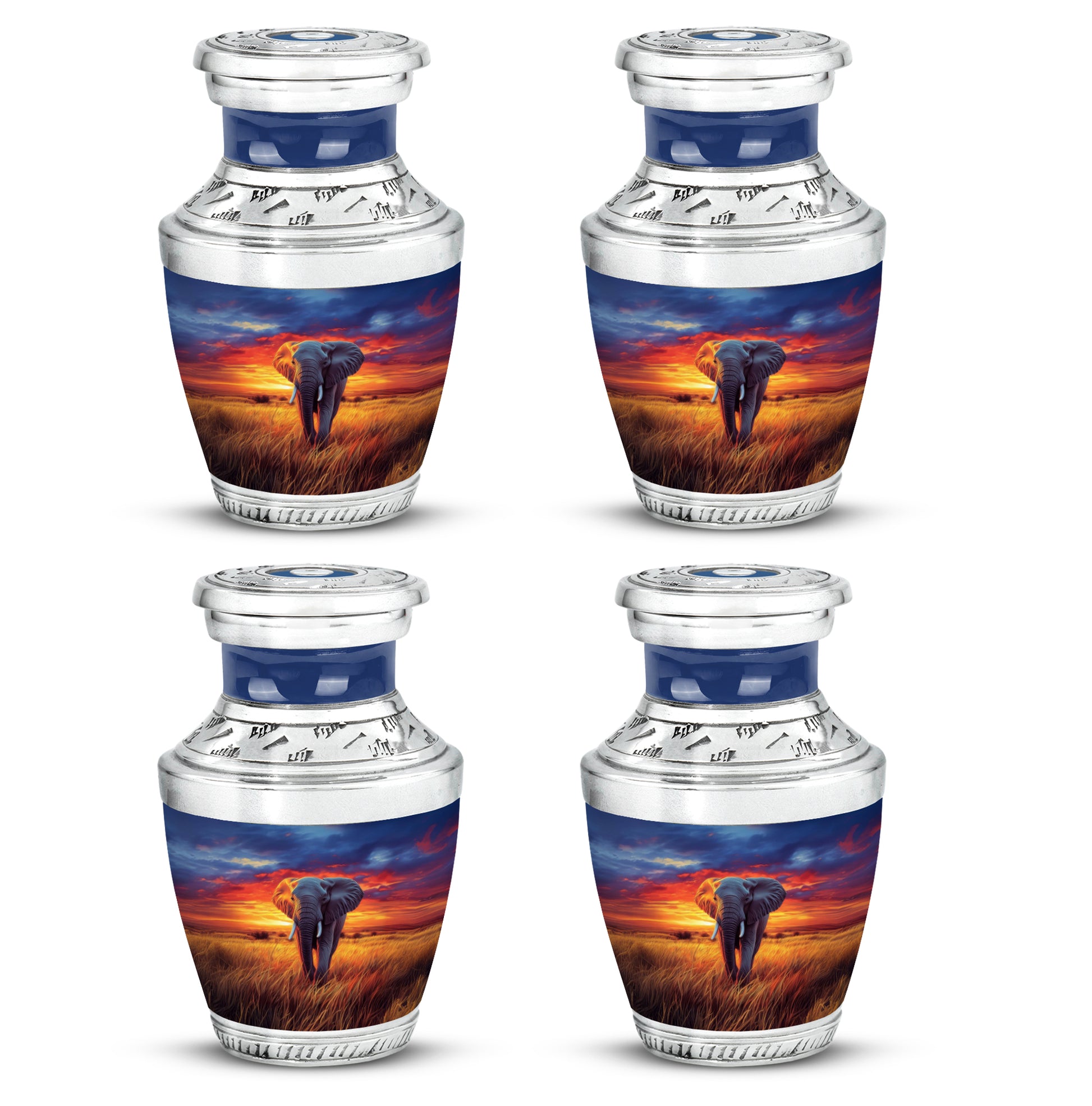 Vivid Blue Elephant Cremation Urn back view with polished surface - stylized abstract elephant pattern with bold lines - 10 inch aluminum urn for cremated remains