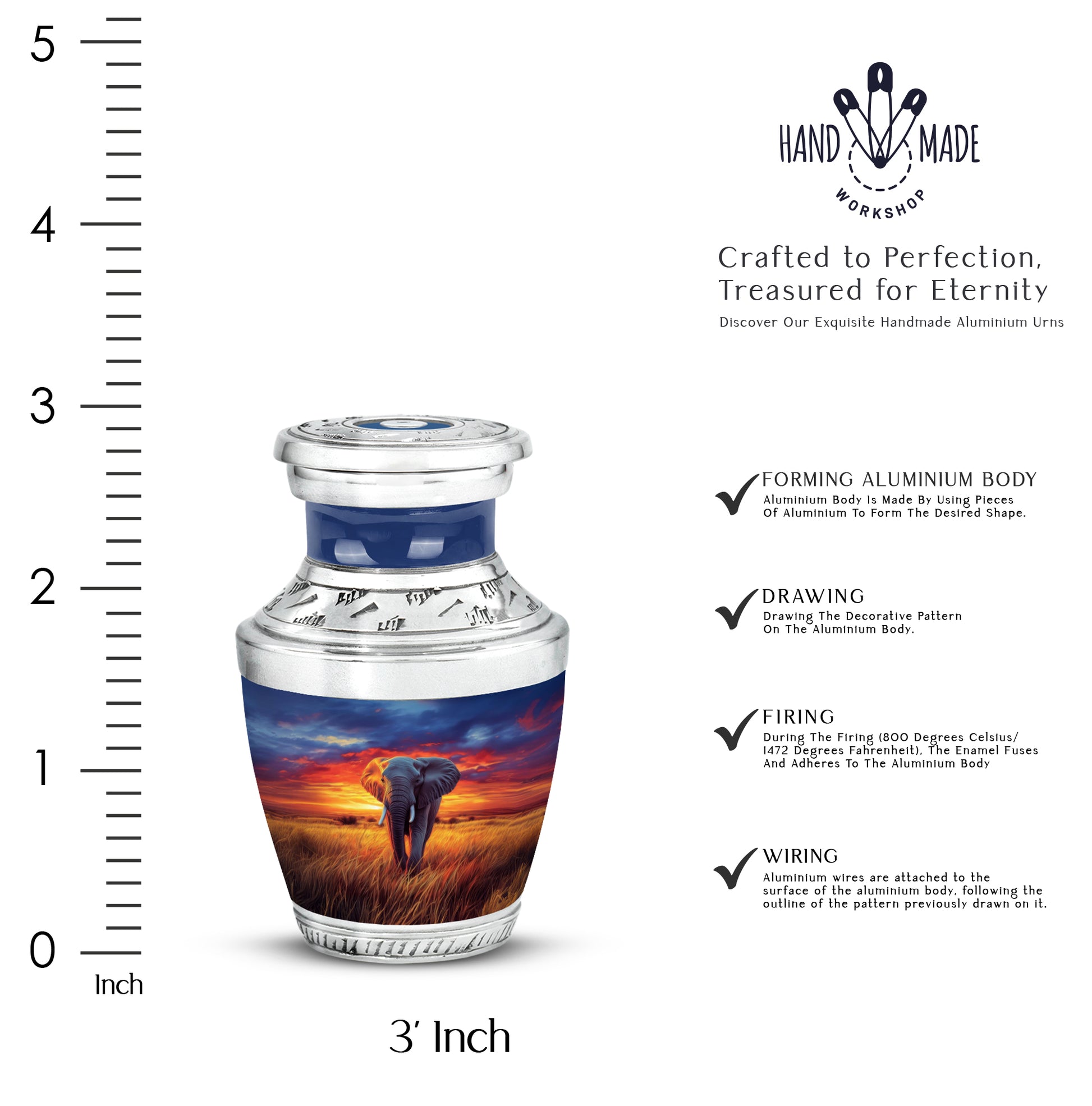 Cornflower Blue Elephant Cremation Urn top-down view of secure threaded lid - artistic elephant interpretation with creative detail - mini keepsake memorial for portion of cremation ashes