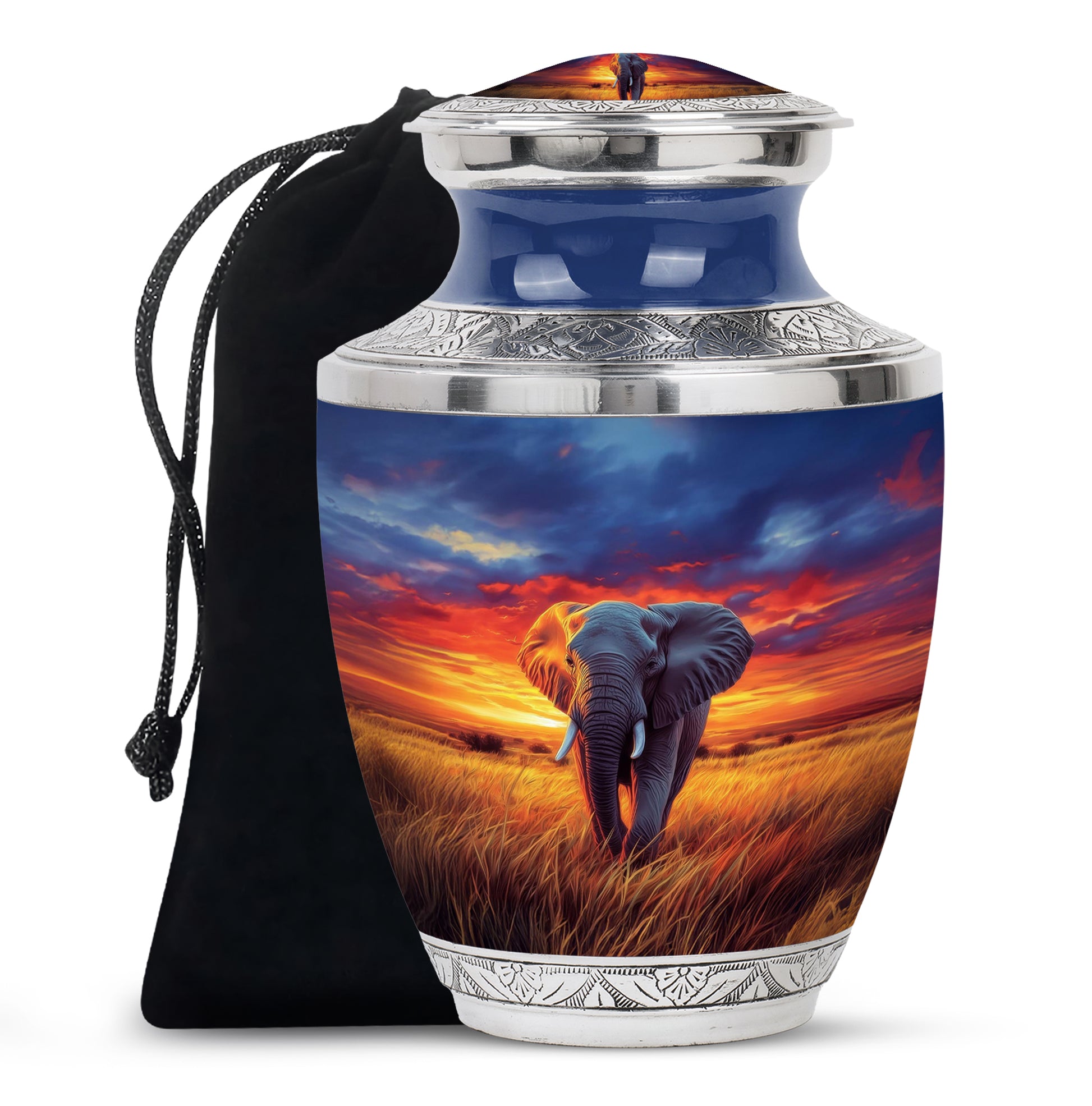 Twilight Blue Elephant Cremation Urn side profile showing urn shape - artistic elephant interpretation with creative detail - full-size 10 inch 200 cubic inch adult cremation urn