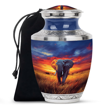 Twilight Blue Elephant Cremation Urn side profile showing urn shape - artistic elephant interpretation with creative detail - full-size 10 inch 200 cubic inch adult cremation urn