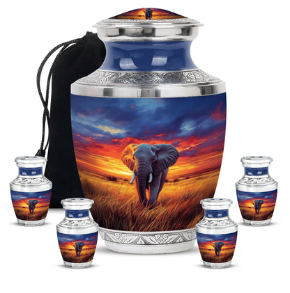 Celestial Blue Elephant Cremation Urn lifestyle display on memorial shelf - modern art-inspired elephant motif on sleek aluminum - memorial set with one large and four small urns