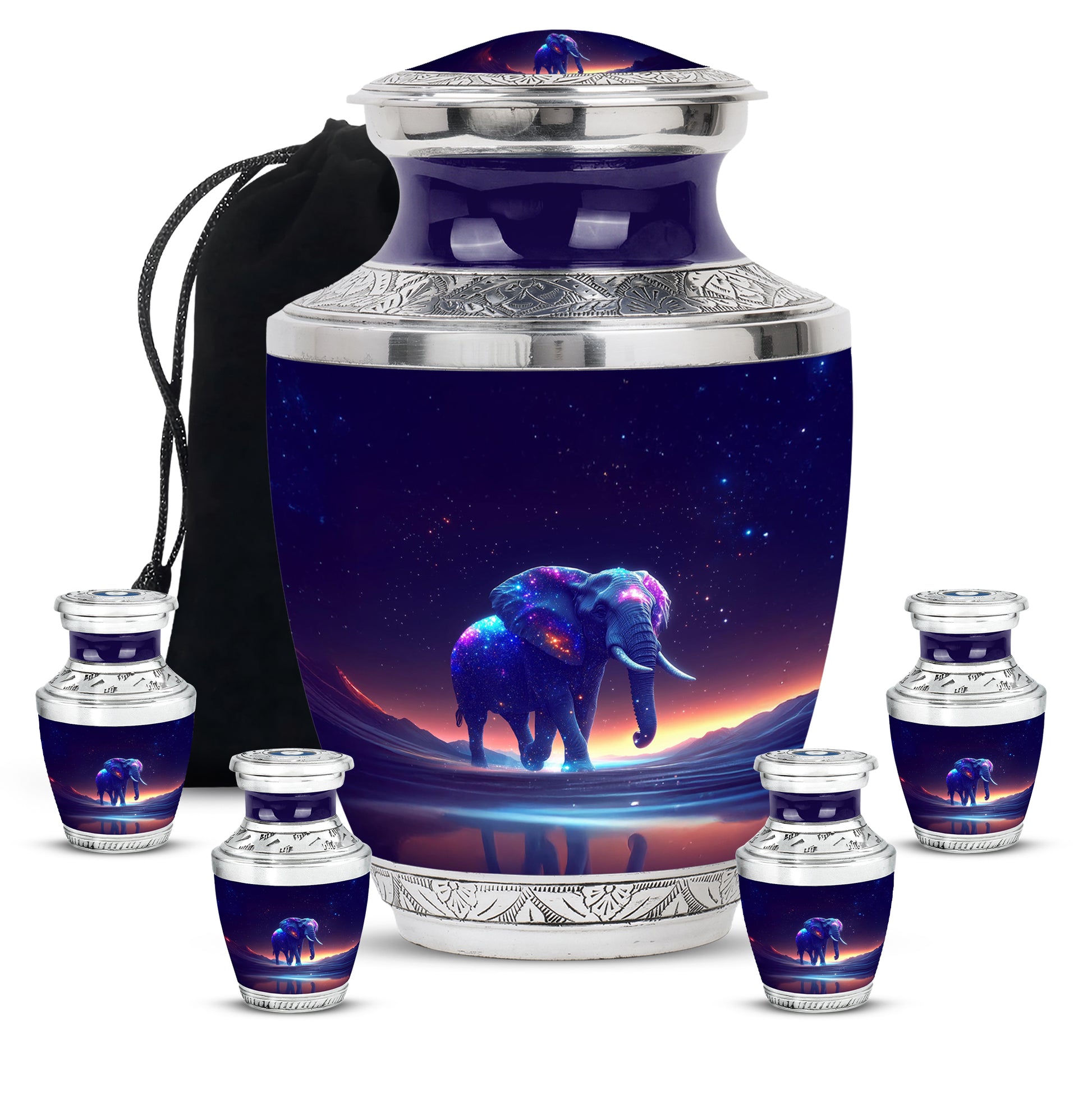 Orchid Purple Elephant Cremation Urn lifestyle display on memorial shelf - modern art-inspired elephant motif on sleek aluminum - memorial set with one large and four small urns