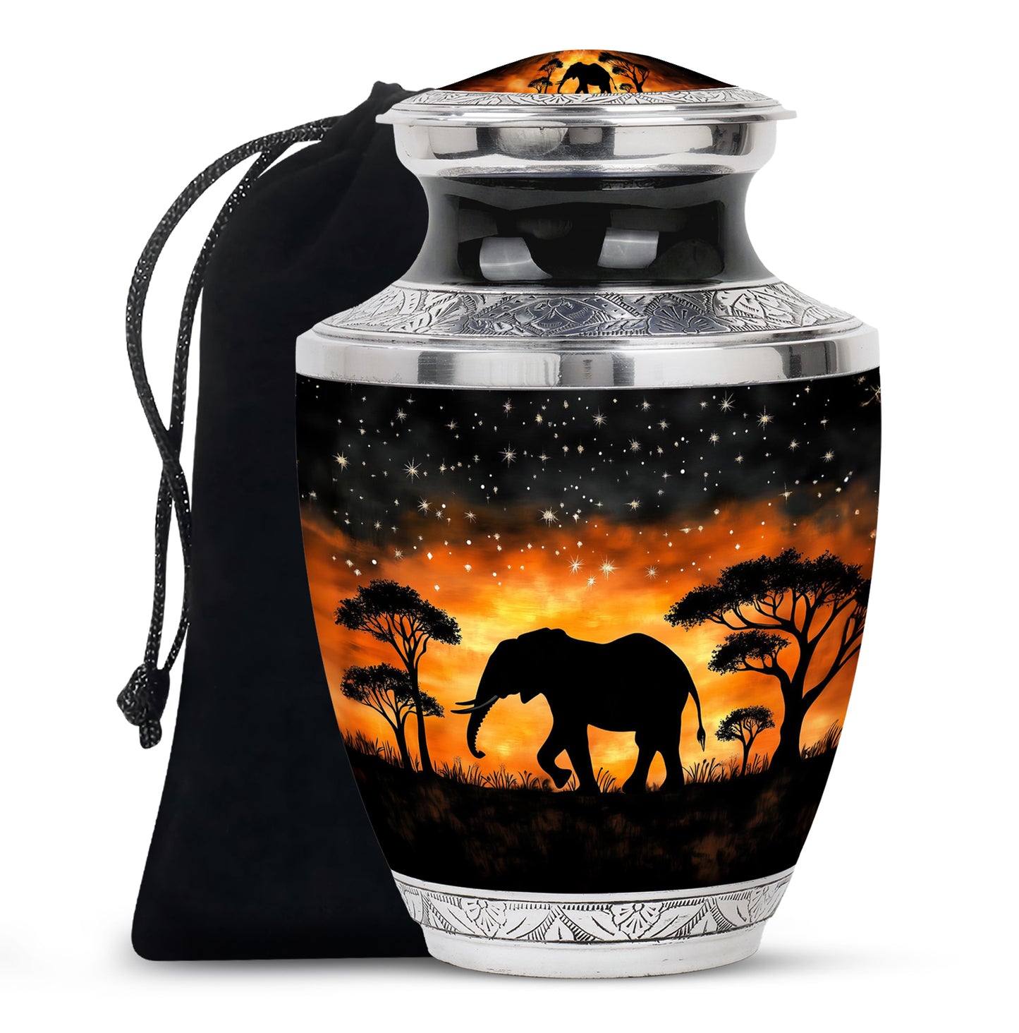 Ebony Elephant Cremation Urn side profile showing urn shape - modern art-inspired elephant motif on sleek aluminum - full-size 10 inch 200 cubic inch adult cremation urn