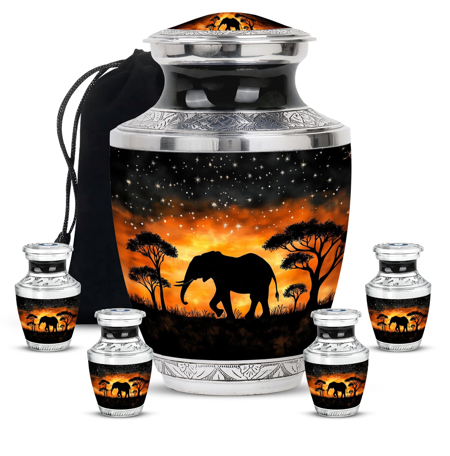 Dark Black Elephant Cremation Urn lifestyle display on memorial shelf - stylized abstract elephant pattern with bold lines - memorial set with one large and four small urns