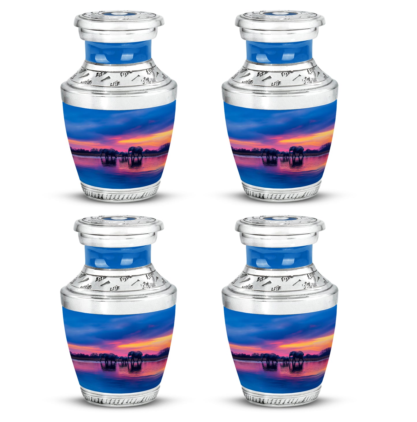 Navy Blue Elephant Cremation Urn back view with polished surface - modern art-inspired elephant motif on sleek aluminum - 10 inch aluminum urn for cremated remains