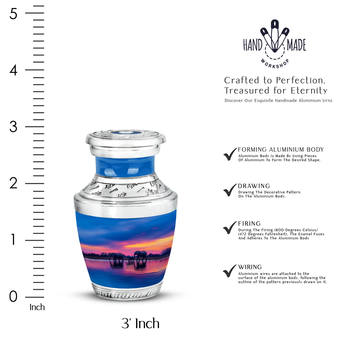 Misty Blue Elephant Cremation Urn top-down view of secure threaded lid - modern art-inspired elephant motif on sleek aluminum - mini keepsake memorial for portion of cremation ashes