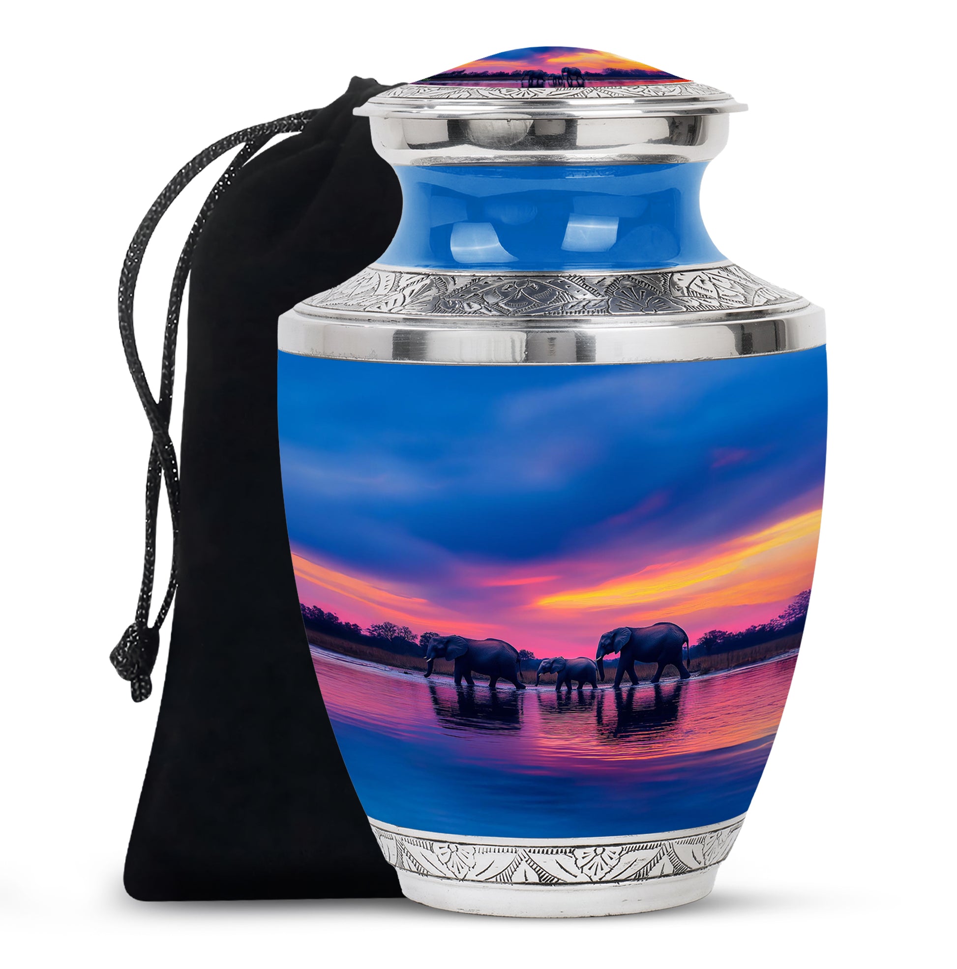 Pastel Blue Elephant Cremation Urn side profile showing urn shape - modern art-inspired elephant motif on sleek aluminum - full-size 10 inch 200 cubic inch adult cremation urn