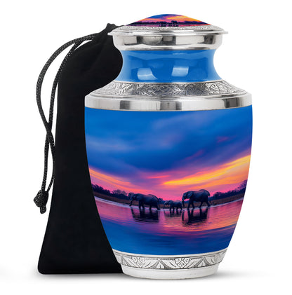 Pastel Blue Elephant Cremation Urn side profile showing urn shape - modern art-inspired elephant motif on sleek aluminum - full-size 10 inch 200 cubic inch adult cremation urn
