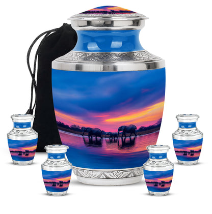 Navy Blue Elephant Cremation Urn lifestyle display on memorial shelf - modern art-inspired elephant motif on sleek aluminum - memorial set with one large and four small urns