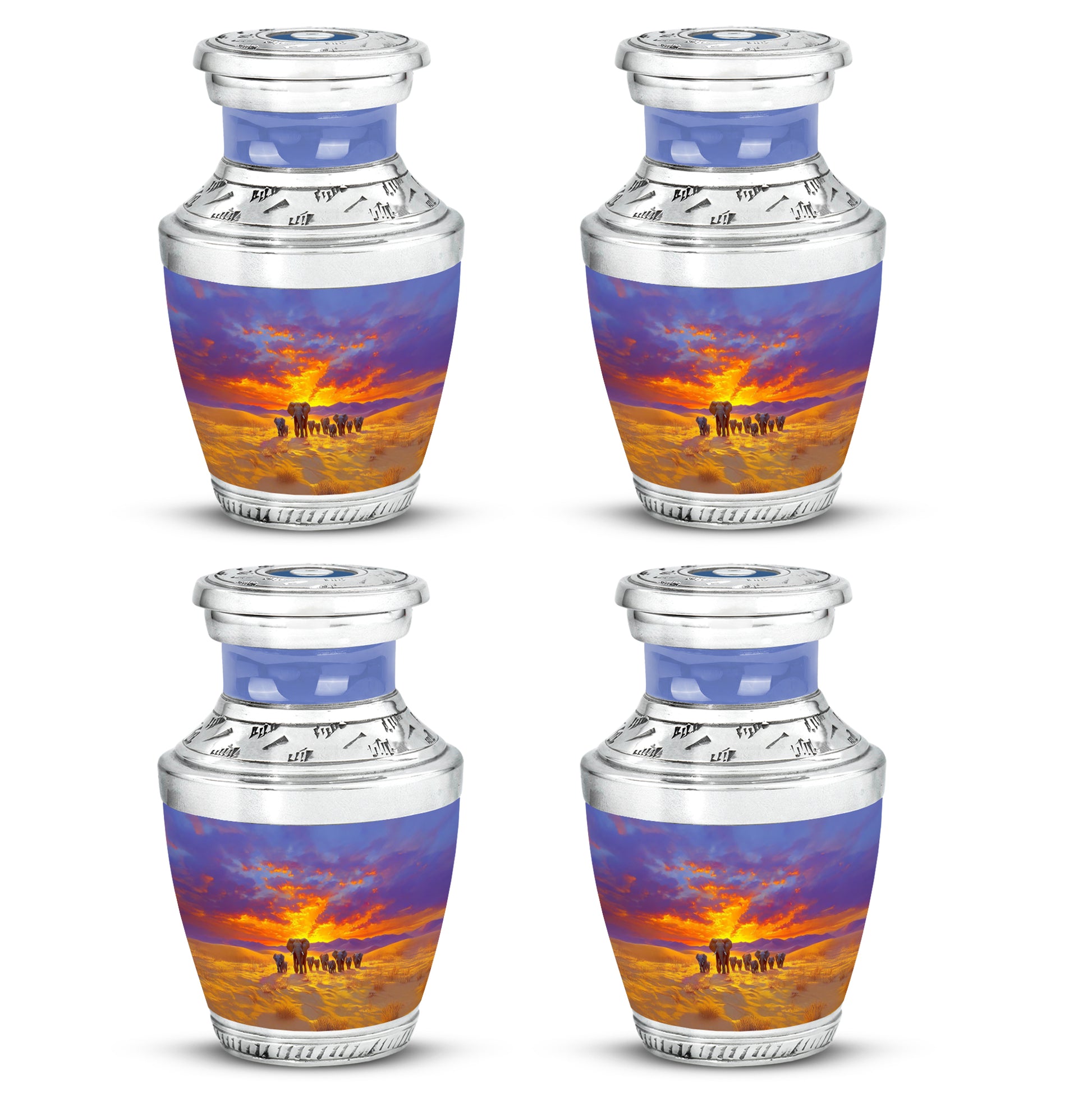 Sapphire Blue Elephant Cremation Urn back view with polished surface - artistic elephant interpretation with creative detail - 10 inch aluminum urn for cremated remains