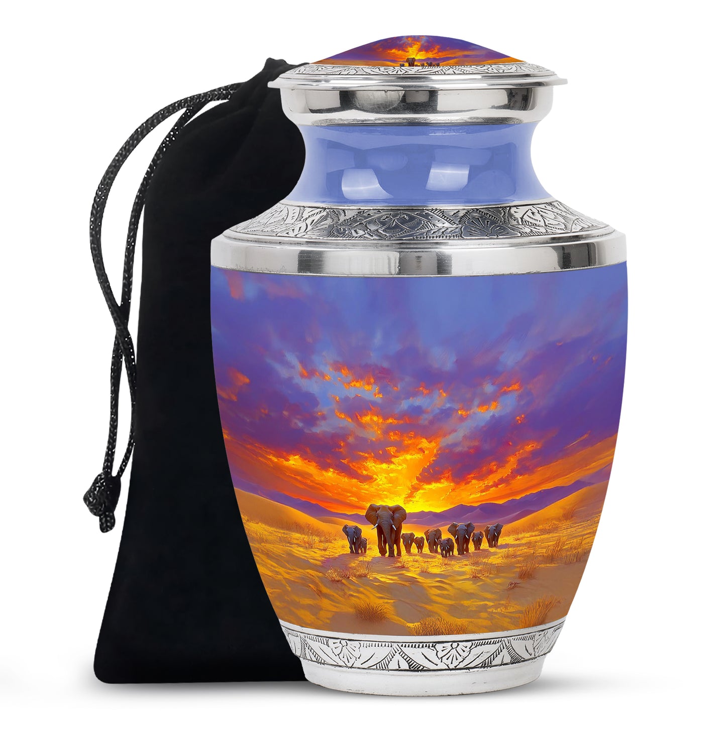 Sky Blue Elephant Cremation Urn side profile showing urn shape - modern art-inspired elephant motif on sleek aluminum - full-size 10 inch 200 cubic inch adult cremation urn
